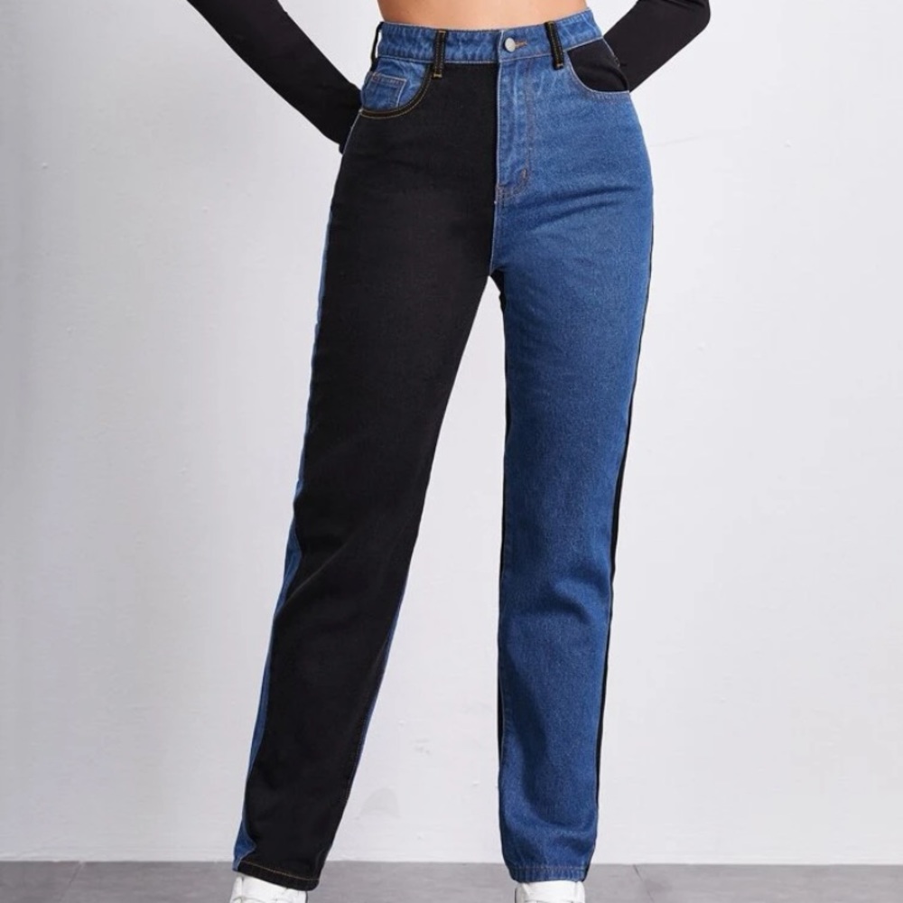 High rise spliced two tone jeans